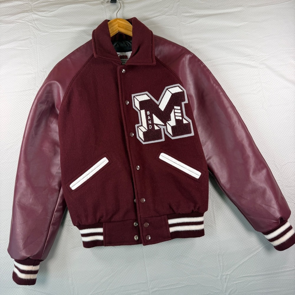 SSR Mens XS Vintage Varsity Jacket Maroon Wool Leather Sleeves Band Letter M